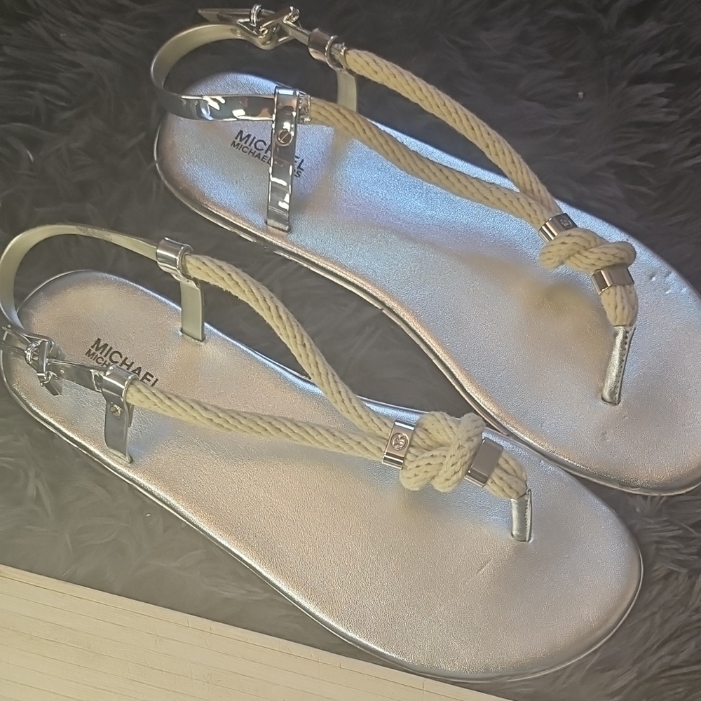 Michael Kors Silver Sandals with T-Strap Design